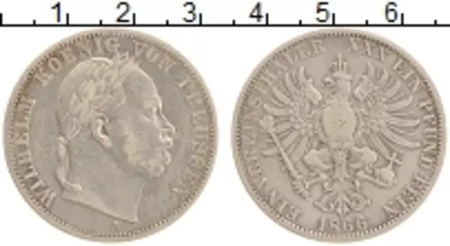 Монета талер Пруссии 1866 года Серебро Вильгельм