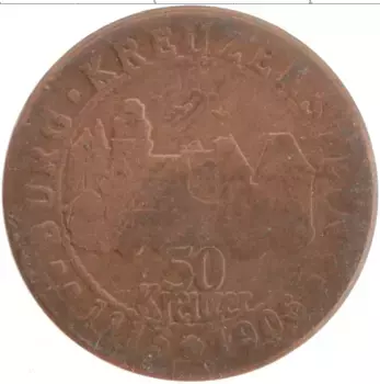 Монета Жетон Австрии 1906 года Медь Жетон(токен)50 крейцеров Кройценштайн - это бывшая римская крепость Кастеллум Пергум, перешедшая в 1278 году во владения семьи Габсбургов