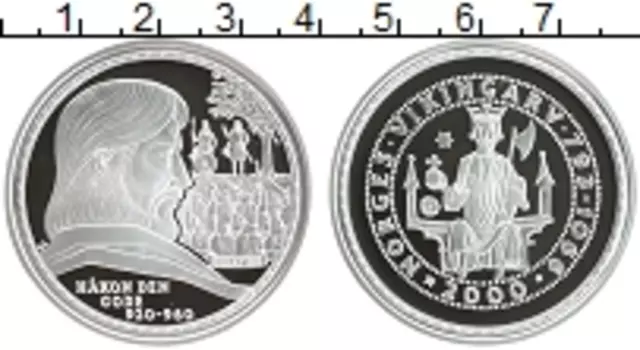 Монета Жетон Норвегии 2000 года Серебро История викингов - Хокон Добрый 920-960 гг