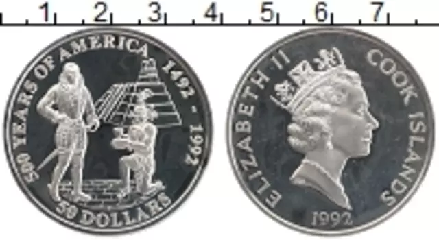 Монета 50 долларов Островов Кука 1992 года Серебро Елизавета II