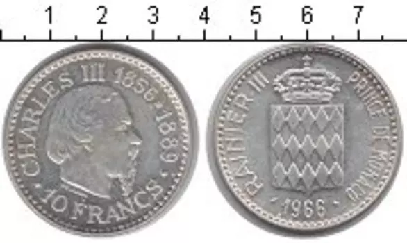 Монета 10 франков Монако 1966 года Серебро Чарльз III