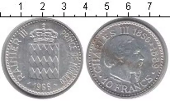 Монета 10 франков Монако 1966 года Серебро Чарльз III