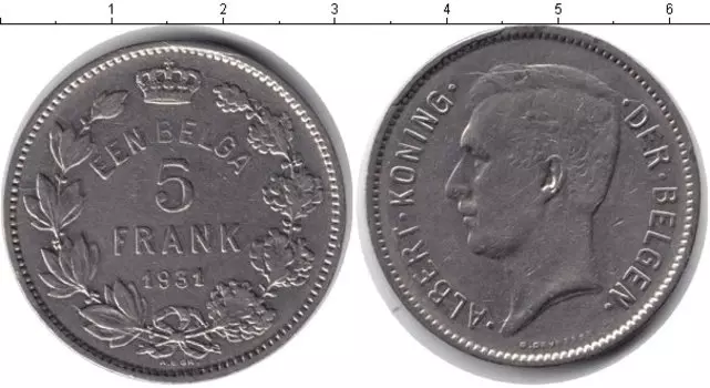 Монета 5 франков Бельгии 1931 года Медно-никель Альберт