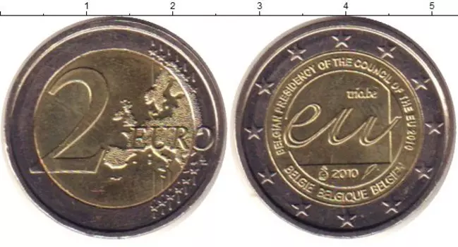 Монета 2 евро Бельгии 2010 года Биметалл Председательство Бельгии в Евросоюзе