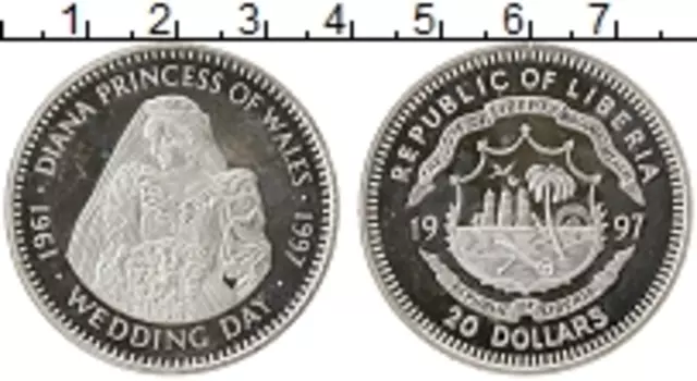 Монета 20 долларов Либерии 1997 года Серебро День свадьбы Дианы Принцессы Уэльсской