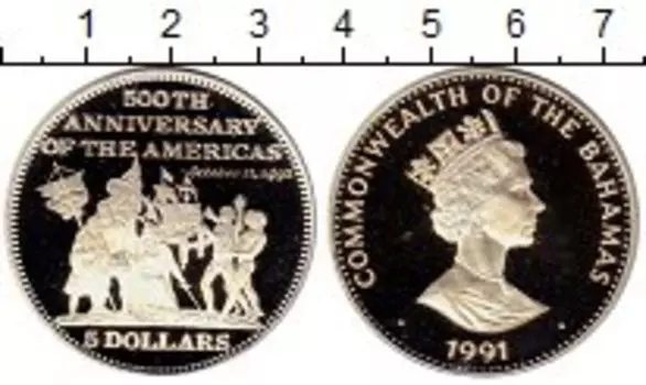 Монета 5 долларов Багамских островов 1991 года Серебро 500 лет открытия Америки
