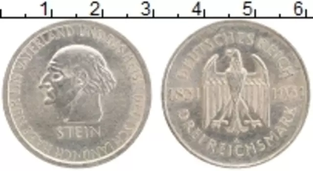 Монета 3 марки Веймарской республики 1931 года Серебро Штейн