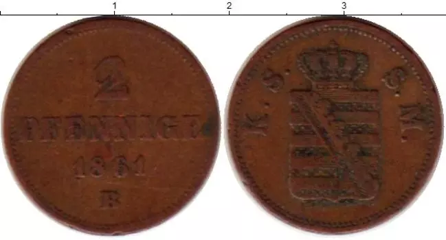 Монета 2 пфеннига Саксонии 1861 года Медь Иоганн (год/тип)