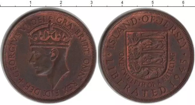 Монета 1/12 шиллинга Острова Джерси 1945 года Медь Георг VI