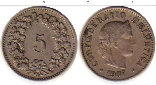 Монета 5 рапп Швейцарии 1907 года Медно-никель