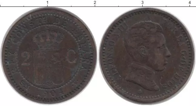 Монета 2 сентима Испании 1904 года Бронза Альфонсо XIII