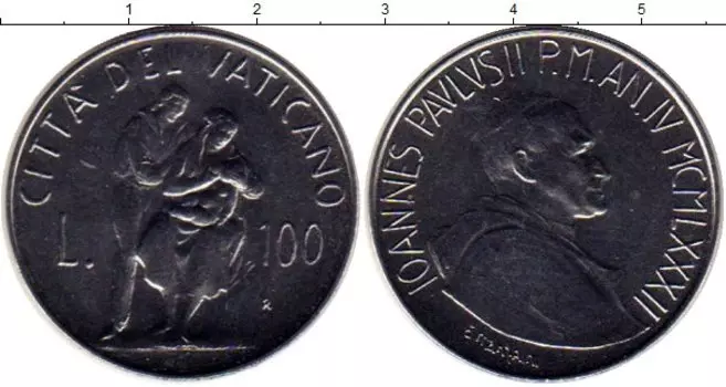 Монета 100 лир Ватикана 1982 года Медно-никель Иоанн Павел II
