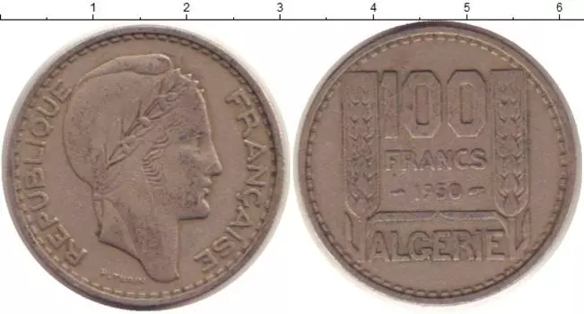 Монета 100 франков Алжира 1950 года Медно-никель