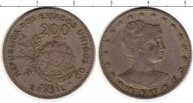 Монета 200 рейс Бразилии 1901 года Медно-никель