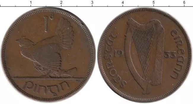Монета пенни Ирландии 1933 года Бронза Курица с цыплятами