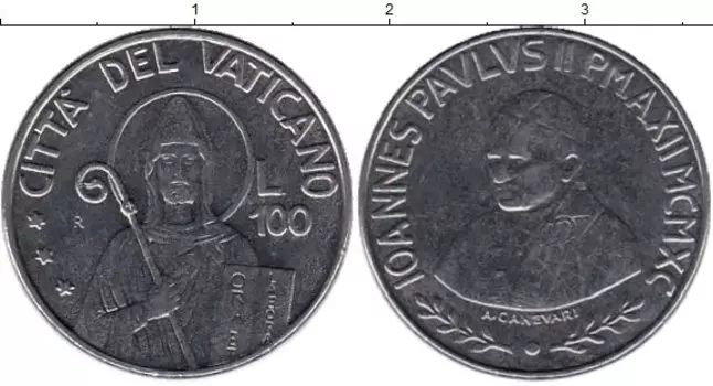 Монета 100 лир Ватикана 1990 года Сталь Иоанн Павел II