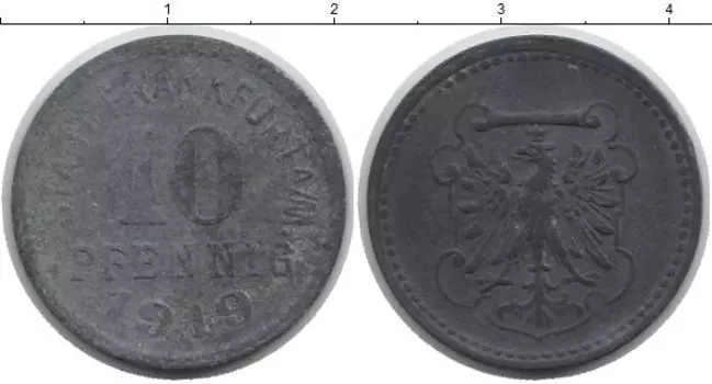 Монета 10 пфеннигов Германия : Нотгельды 1919 года Цинк Франкфурт-на-Майне