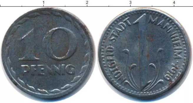 Монета 10 пфеннигов Германия : Нотгельды 1919 года Железо Мангейм
