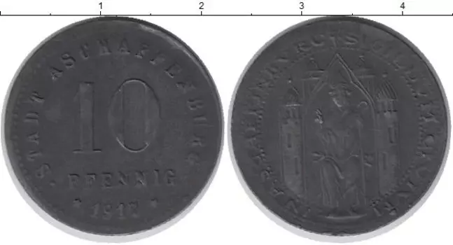 Монета 10 пфеннигов Германия : Нотгельды 1917 года Цинк Ашаффенбург