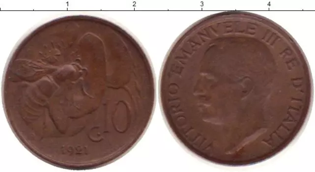 Монета 10 сентесим Италии 1921 года Бронза Виктор Эммануил III