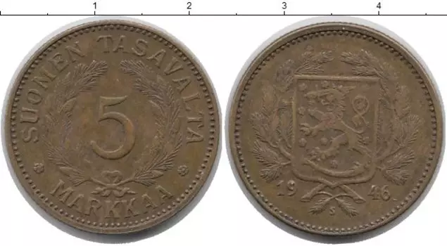Монета 5 марок Финляндии 1946 года Латунь