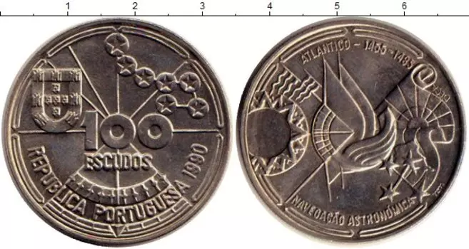 Монета 100 эскудо Португалии 1990 года Медно-никель Открытия
