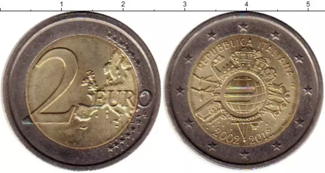 Монета 2 евро Италии 2012 года Биметалл 10 лет наличному обращению евро