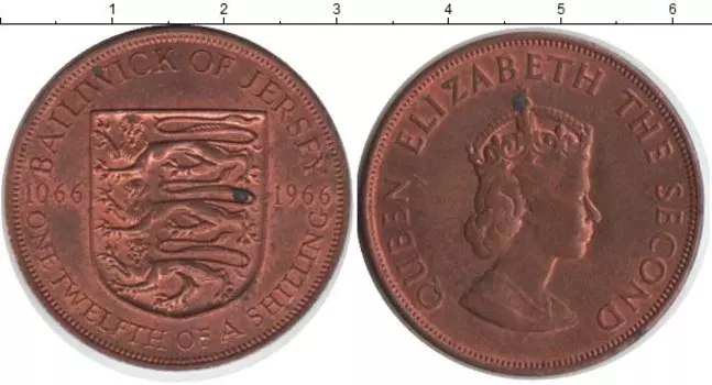 Монета 1/12 шиллинга Острова Джерси 1966 года Медь Елизавета II