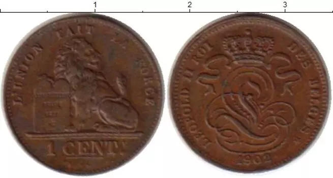 Монета цент Бельгии 1902 года Бронза Лев