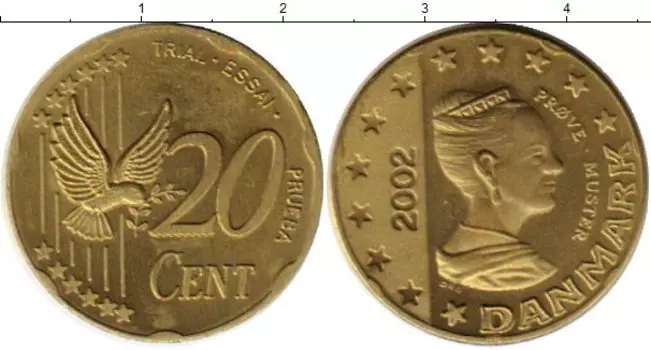 Монета 20 центов Дании 2002 года Латунь UNUSUAL