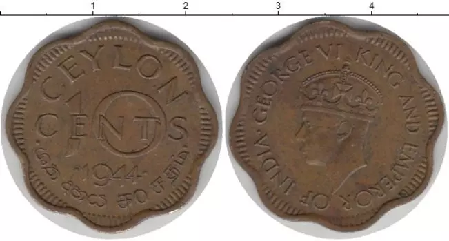 Монета 10 центов Цейлона 1944 года Медь Георг VI
