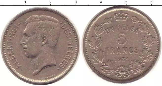 Монета 5 франков Бельгии 1931 года Медно-никель Альберт