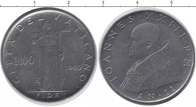 Монета 100 лир Ватикана 1960 года Сталь Вера,Женщина с чашей и крестом