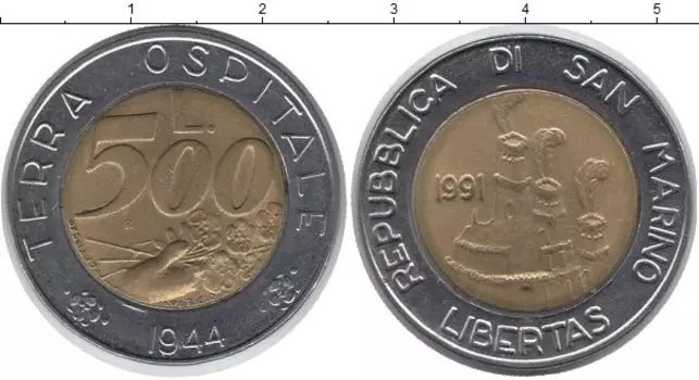 Монета 500 лир Сан-Марино 1991 года Биметалл Цветы