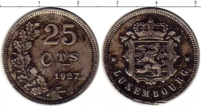 Монета 25 сантим Люксембурга 1927 года Медно-никель