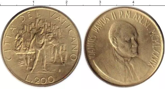 Монета 200 лир Ватикана 1989 года Латунь Иоанн Павел II