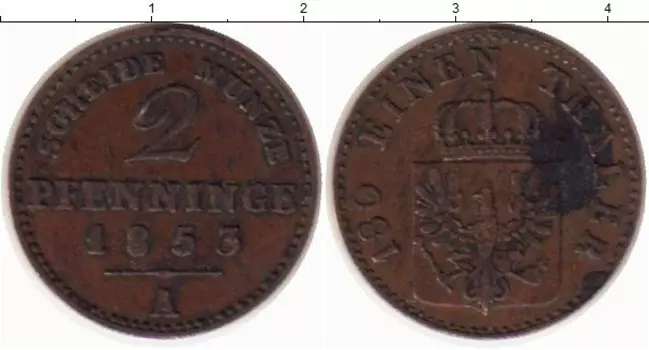 Монета 2 пфеннига Пруссии 1853 года Медь