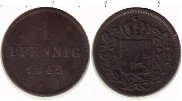 Монета пфенниг Баварии 1849 года Медь