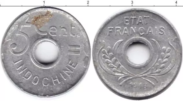 Монета 5 центов Индокитая 1943 года Алюминий Французский протекторат