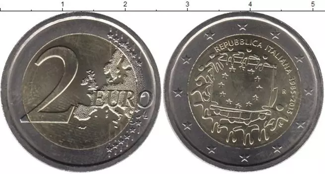 Монета 2 евро Италии 2015 года Биметалл 30 лет флагу Евросоюза