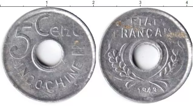Монета 5 центов Индокитая 1943 года Алюминий Французский протекторат