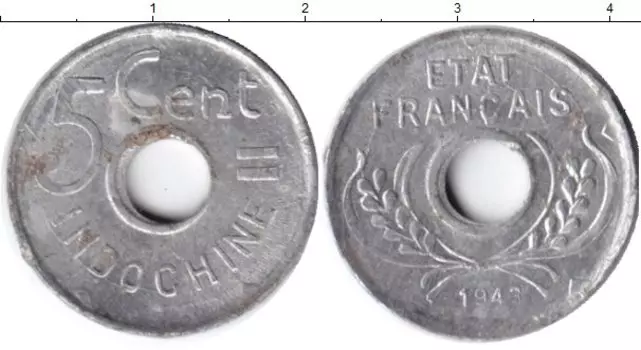 Монета 5 центов Индокитая 1943 года Алюминий Французский протекторат