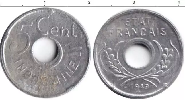 Монета 5 центов Индокитая 1943 года Алюминий Французский протекторат