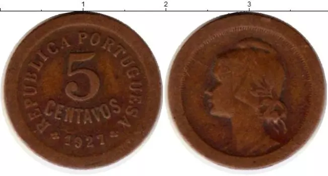 Монета 5 сентаво Португалии 1927 года Бронза