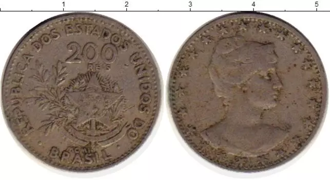 Монета 200 рейс Бразилии 1901 года Медно-никель