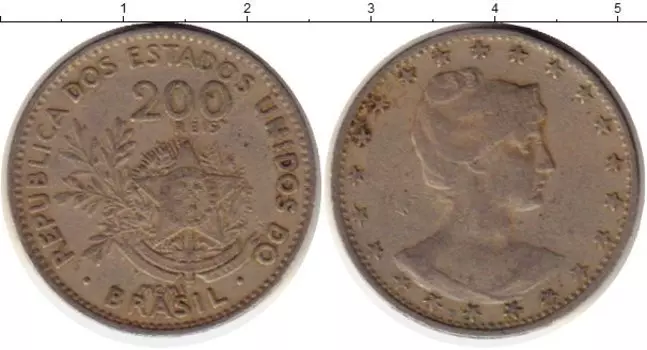 Монета 200 рейс Бразилии 1901 года Медно-никель