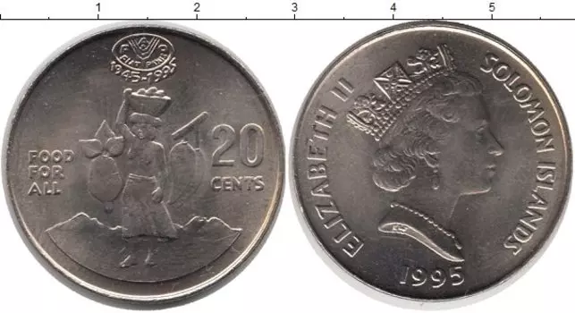 Монета 20 центов Соломоновых островов 1995 года Медно-никель Елизавета II