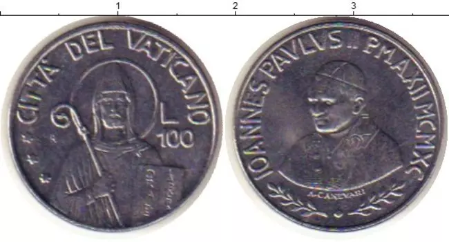Монета 100 лир Ватикана 1990 года Сталь Иоанн Павел II