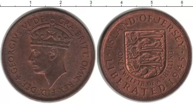 Монета 1/12 шиллинга Острова Джерси 1945 года Медь Георг VI