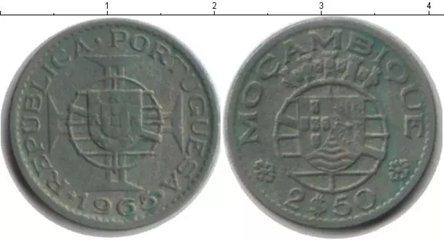 Монета 2 1/2 эскудо Мозамбика 1965 года Медно-никель